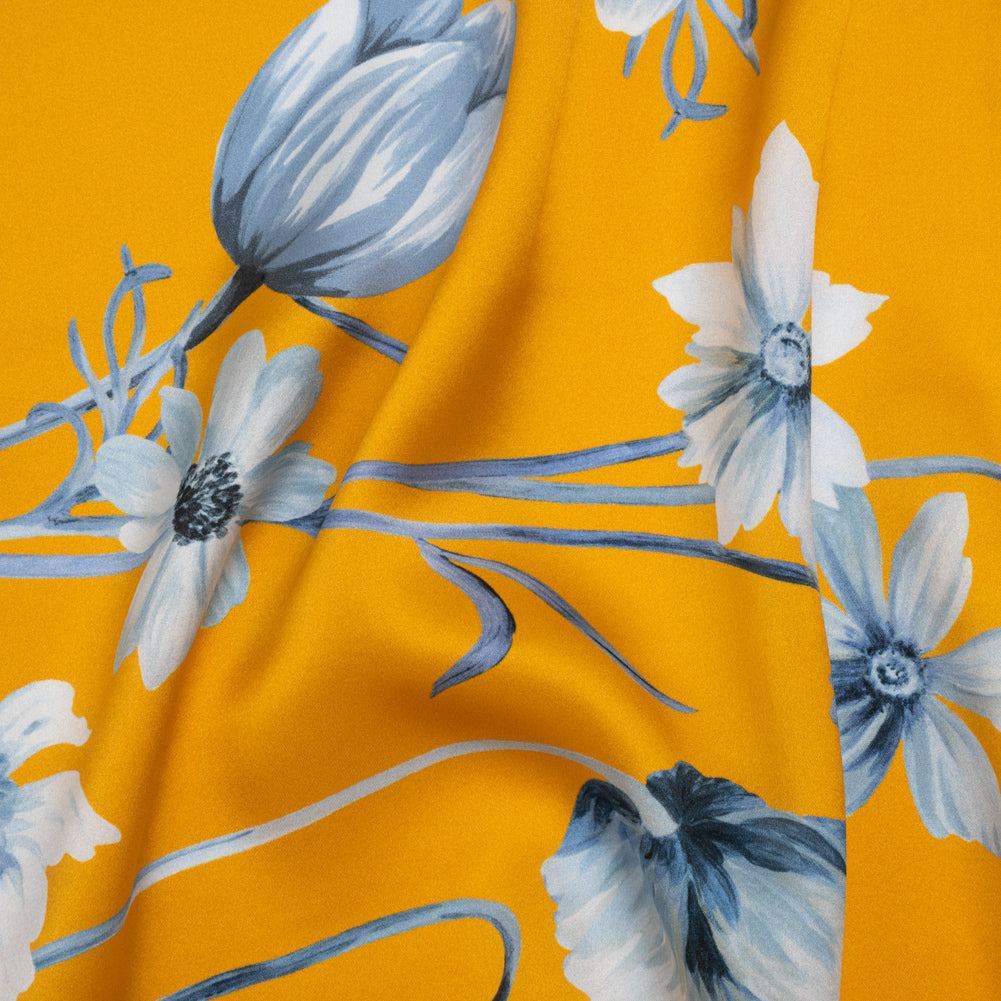Silk Charmeuse Print 16MM, Made in Italy - Golden Yellow and Blue Floral Border