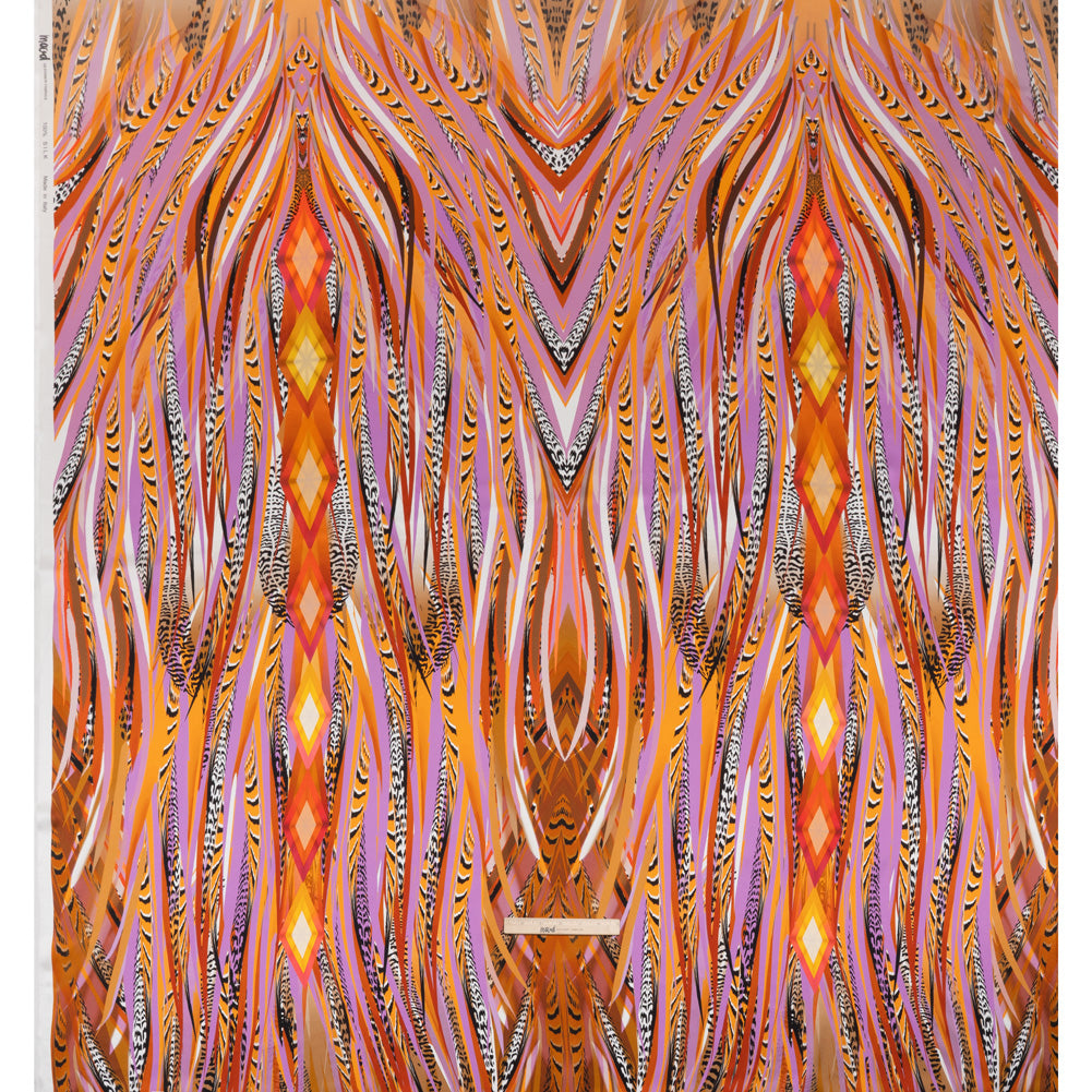 Silk Charmeuse Panel 16MM, Made in Italy - Orange, Purple and Tan Fanning Feathers