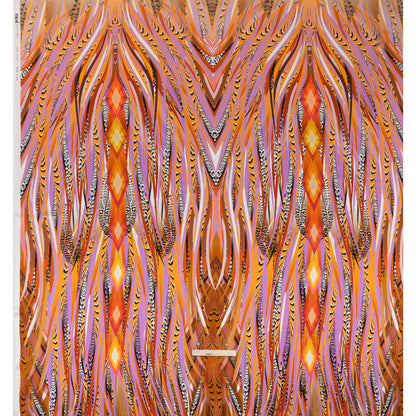 Silk Charmeuse Panel 16MM, Made in Italy - Orange, Purple and Tan Fanning Feathers