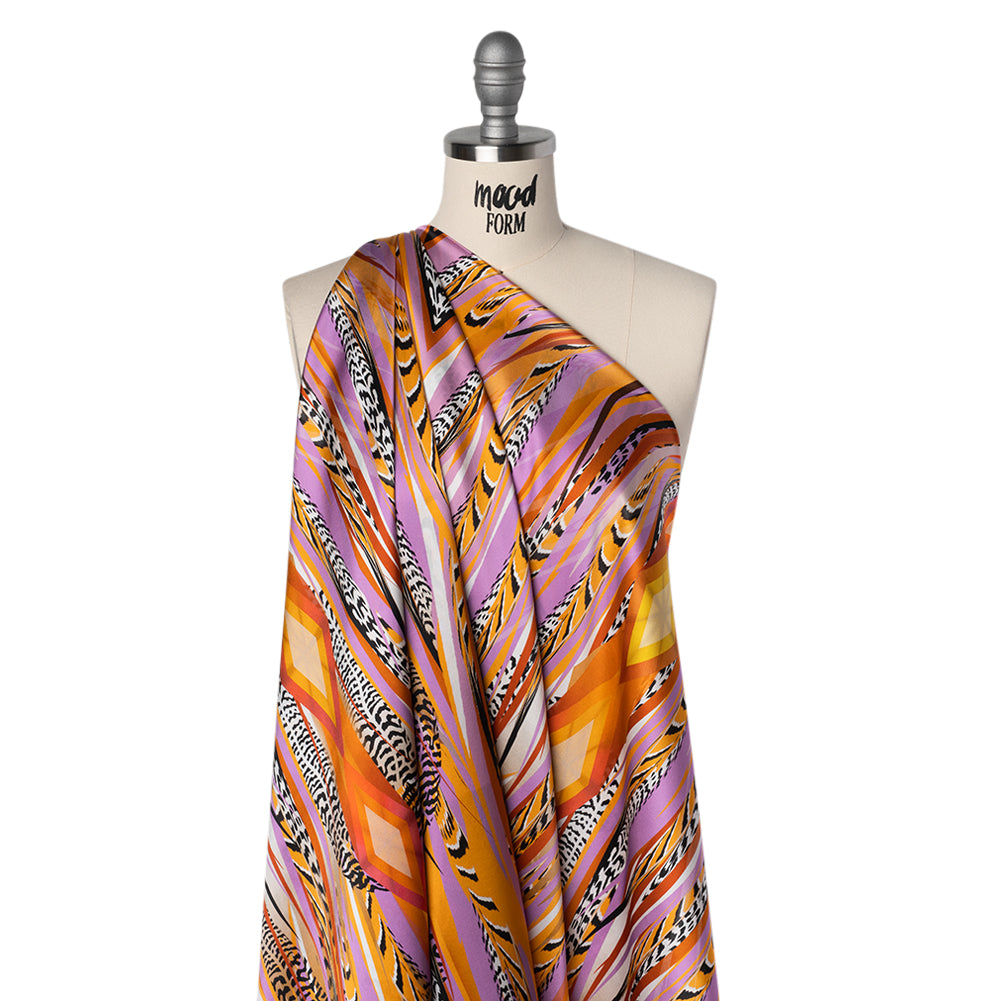 Silk Charmeuse Panel 16MM, Made in Italy - Orange, Purple and Tan Fanning Feathers