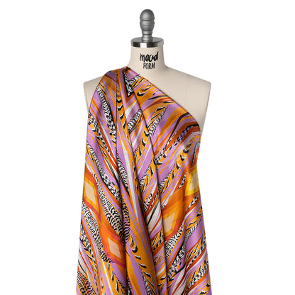 Silk Charmeuse Panel 16MM, Made in Italy - Orange, Purple and Tan Fanning Feathers
