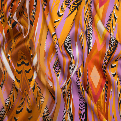 Silk Charmeuse Panel 16MM, Made in Italy - Orange, Purple and Tan Fanning Feathers