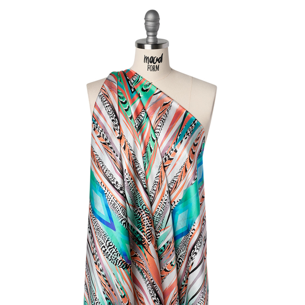 Silk Charmeuse Panel 16MM, Made in Italy - Turquoise, Mint and Coral Pink Fanning Feathers