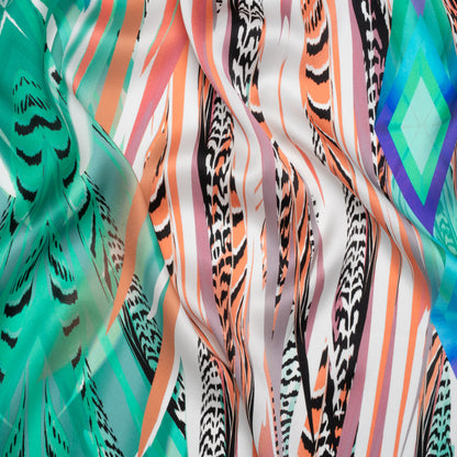 Silk Charmeuse Panel 16MM, Made in Italy - Turquoise, Mint and Coral Pink Fanning Feathers