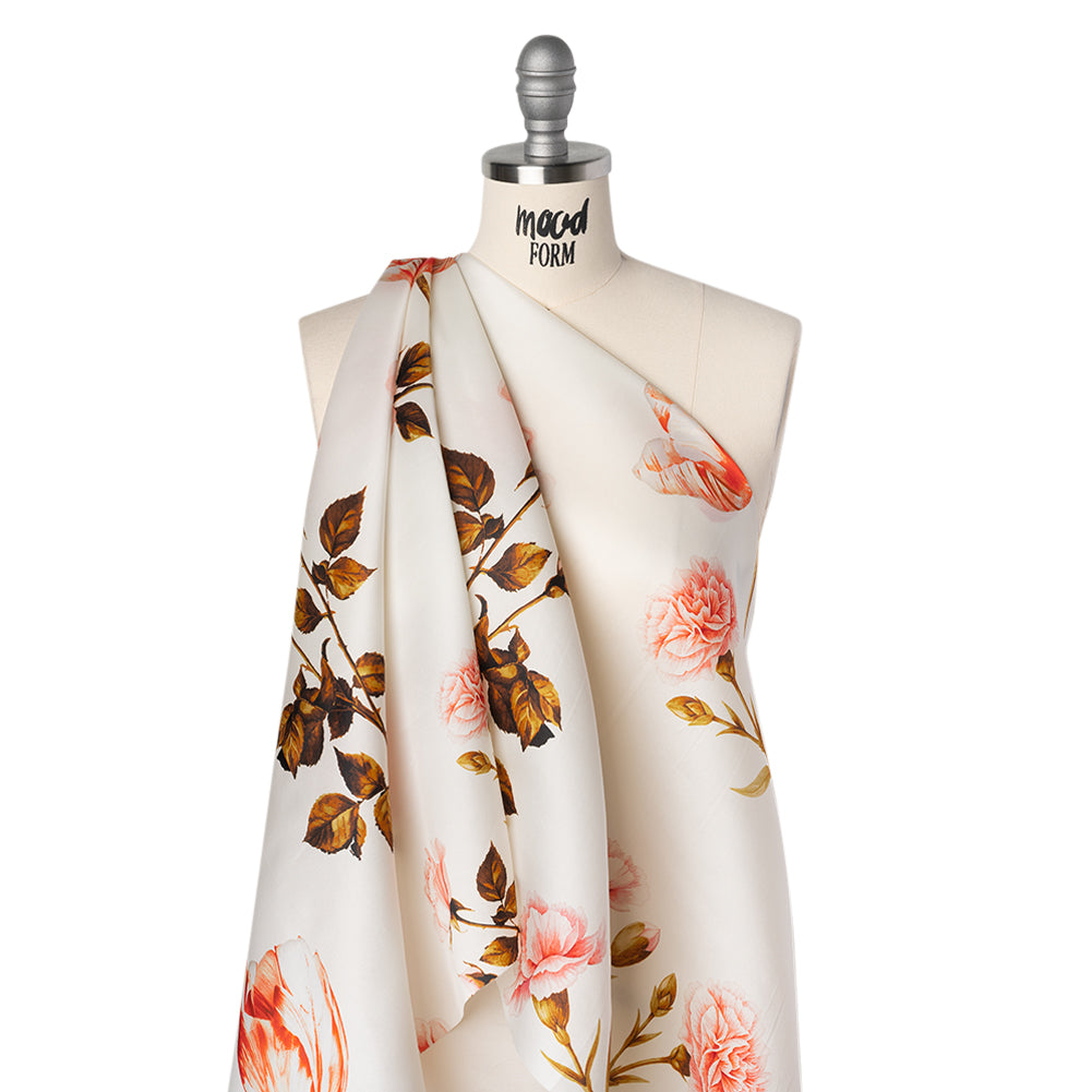 Heavy Silk Satin-Faced Organza, Made in Italy - Pink, White and Green Scattered Tulips and Roses