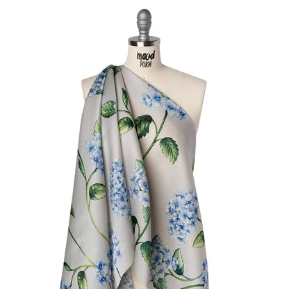 Heavy Silk Satin-Faced Organza, Made in Italy - Pale Gray, Blue and Green Hydrangeas