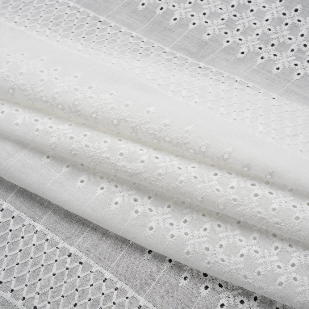 Embroidered Eyelet Cotton Voile - White Lattice and Floral Stripes - Naomi Collection