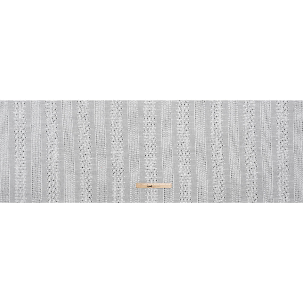 Embroidered Eyelet Cotton Voile - White Lattice and Floral Stripes - Naomi Collection