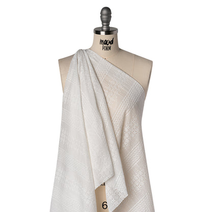 Embroidered Eyelet Cotton Voile - White Lattice and Floral Stripes - Naomi Collection