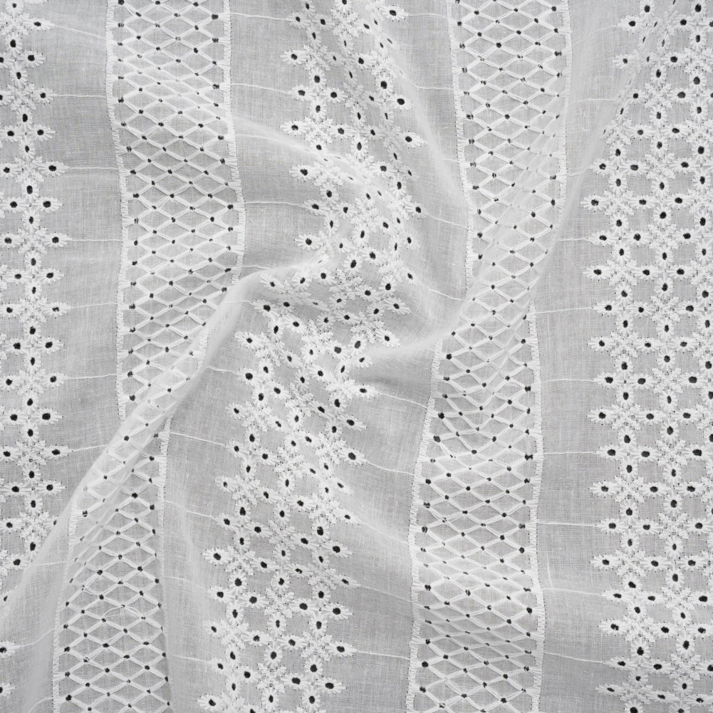 Embroidered Eyelet Cotton Voile - White Lattice and Floral Stripes - Naomi Collection