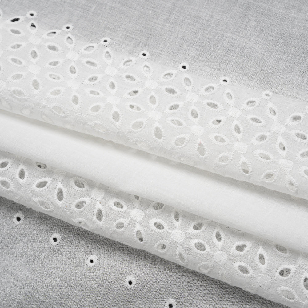 Embroidered Eyelet Cotton Voile - White Floral and Dot Stripes with Scalloped Border - Naomi Collection
