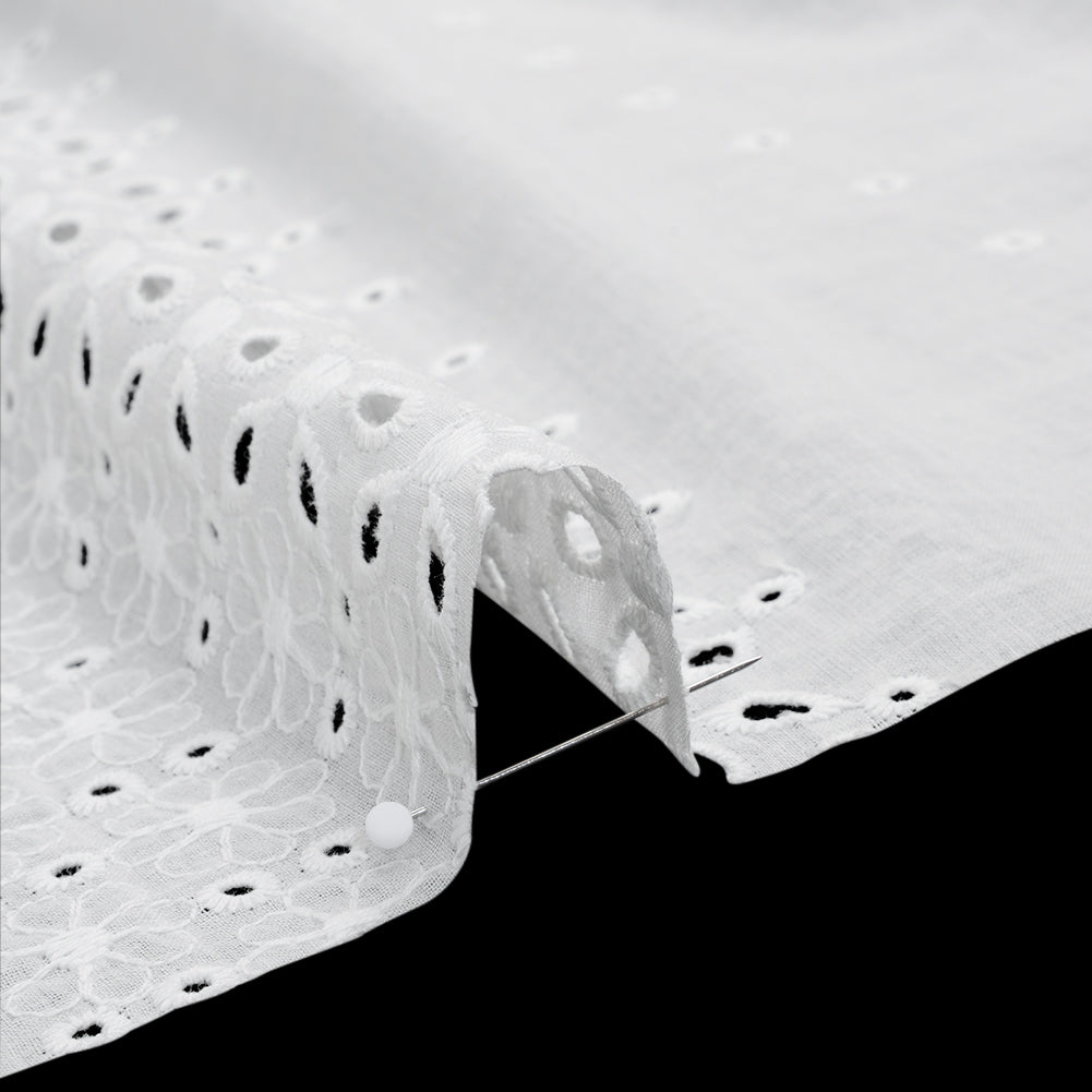 Embroidered Eyelet Cotton Voile - White Floral and Dot Stripes with Scalloped Border - Naomi Collection