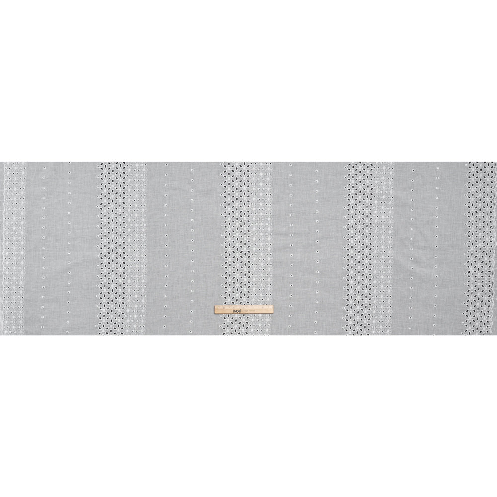 Embroidered Eyelet Cotton Voile - White Floral and Dot Stripes with Scalloped Border - Naomi Collection
