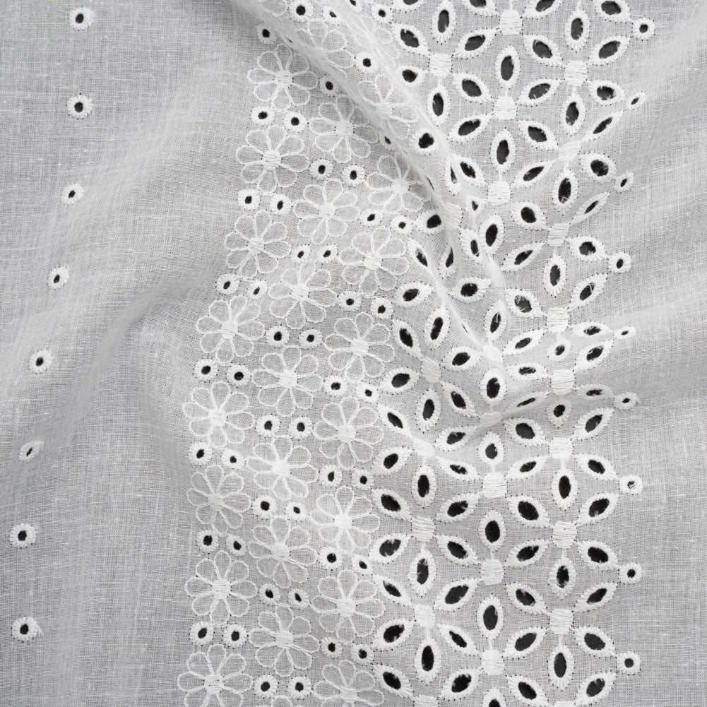 Embroidered Eyelet Cotton Voile - White Floral and Dot Stripes with Scalloped Border - Naomi Collection