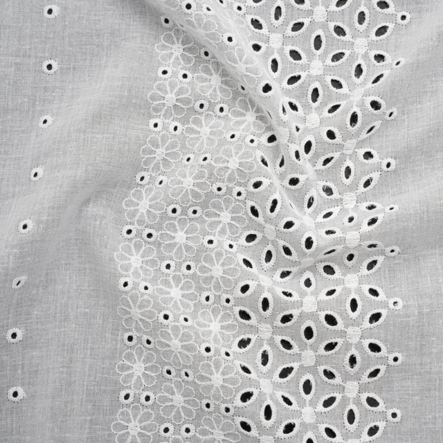 Embroidered Eyelet Cotton Voile - White Floral and Dot Stripes with Scalloped Border - Naomi Collection