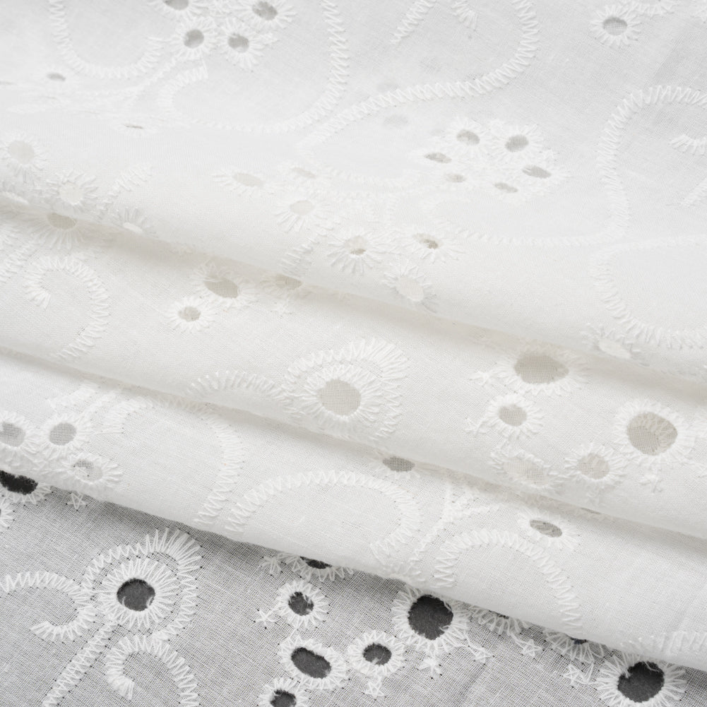 Embroidered Eyelet Cotton Voile - White Flowers and Swirls with Scalloped Borders - Naomi Collection