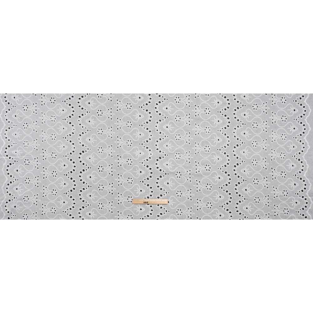 Embroidered Eyelet Cotton Voile - White Flowers and Swirls with Scalloped Borders - Naomi Collection