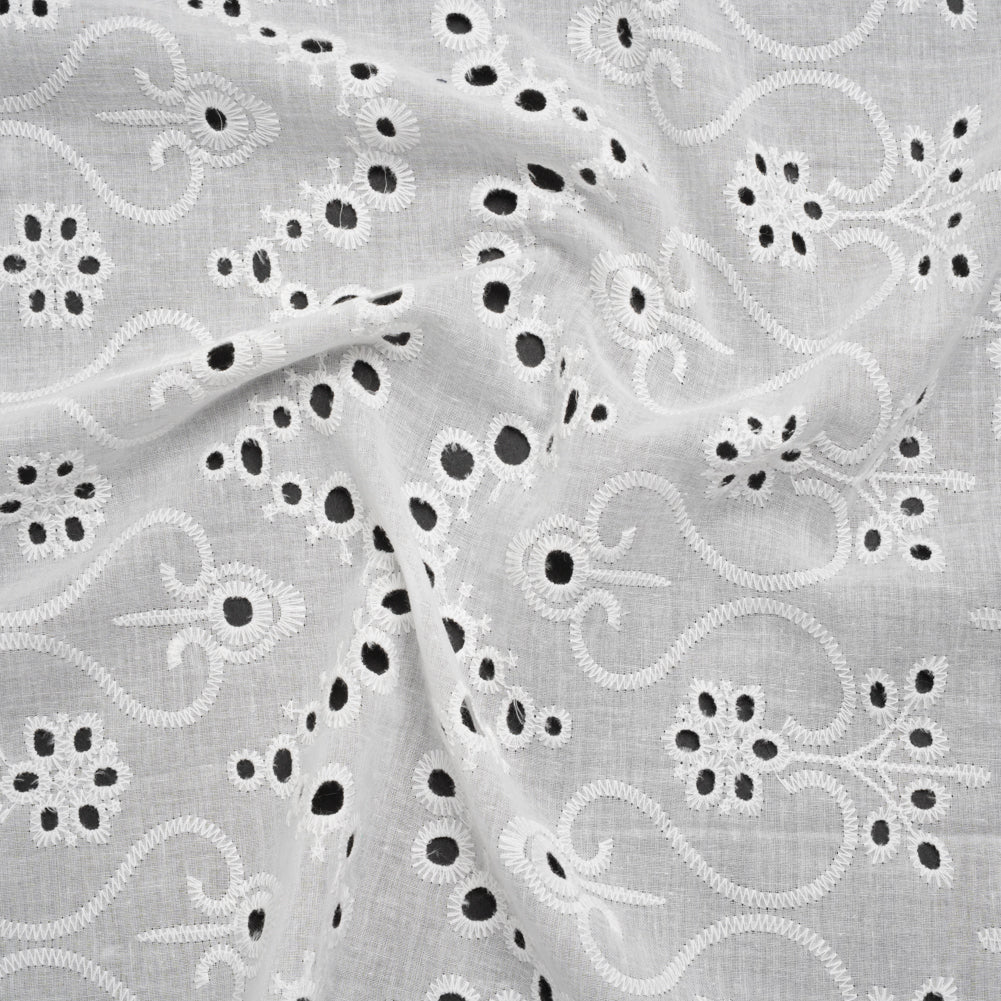 Embroidered Eyelet Cotton Voile - White Flowers and Swirls with Scalloped Borders - Naomi Collection