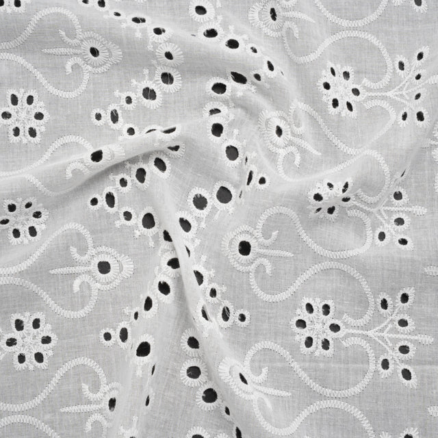 Embroidered Eyelet Cotton Voile - White Flowers and Swirls with Scalloped Borders - Naomi Collection
