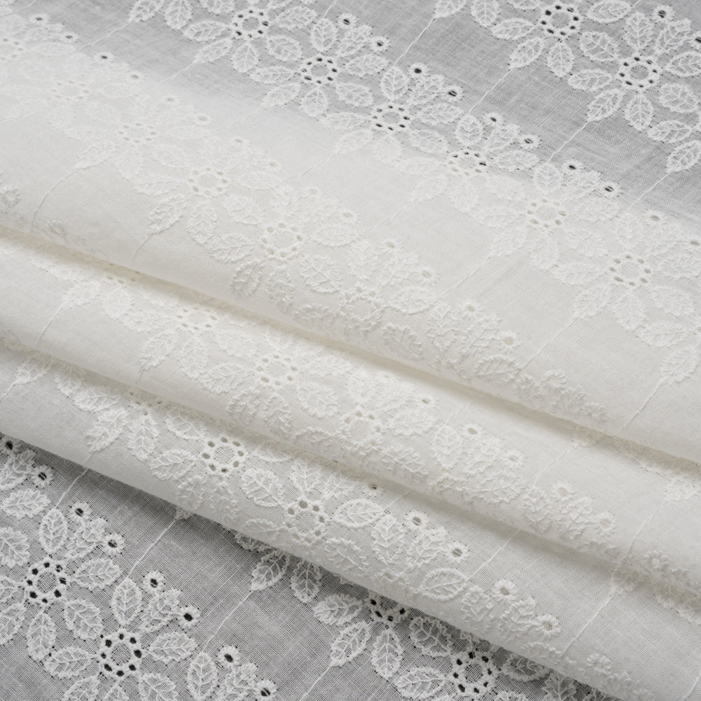 Embroidered Eyelet Cotton Voile - White Flower Wreath Stripes - Naomi Collection