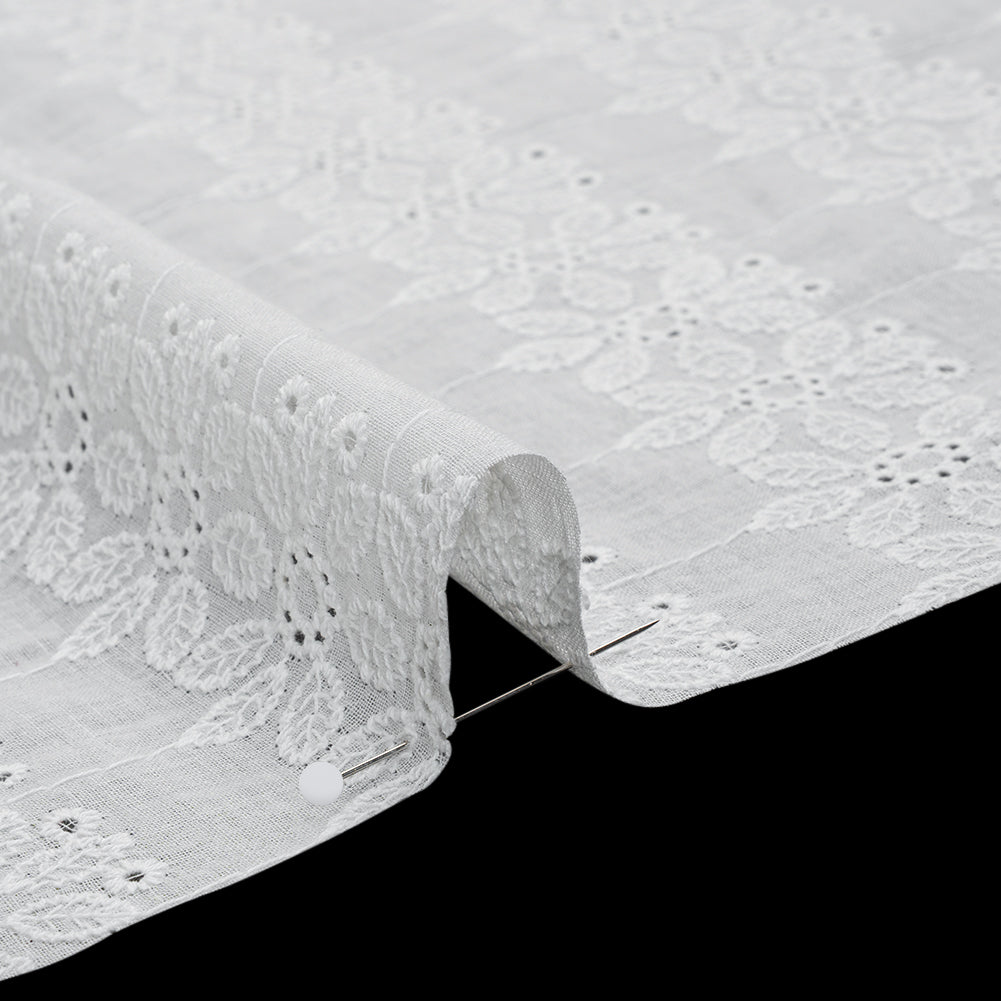 Embroidered Eyelet Cotton Voile - White Flower Wreath Stripes - Naomi Collection