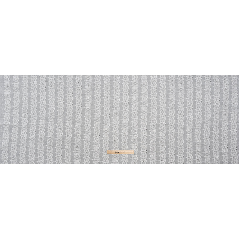 Embroidered Eyelet Cotton Voile - White Flower Wreath Stripes - Naomi Collection
