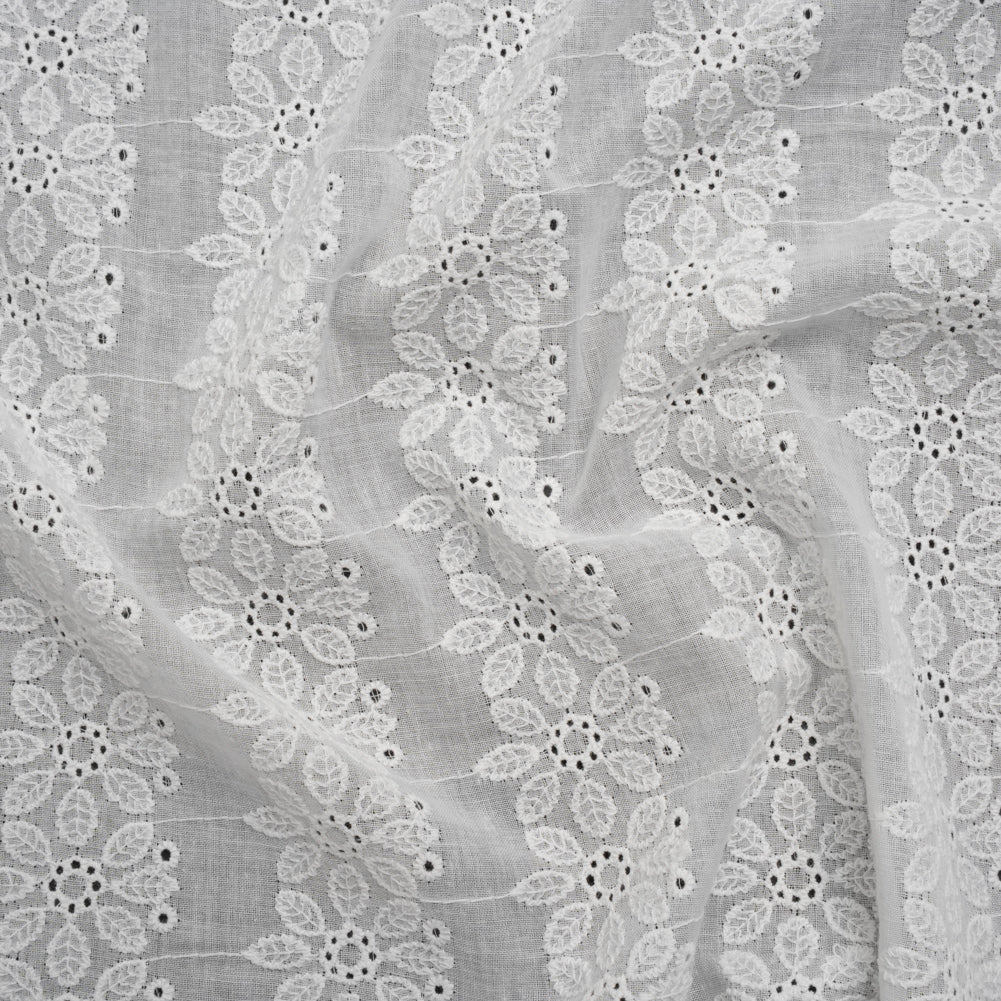 Embroidered Eyelet Cotton Voile - White Flower Wreath Stripes - Naomi Collection