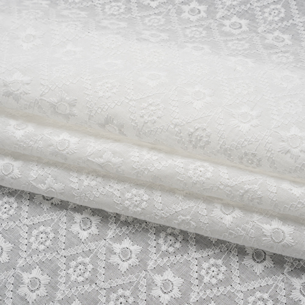 Embroidered Eyelet Cotton Voile - White Flowers in Diamond Lattice - Naomi Collection