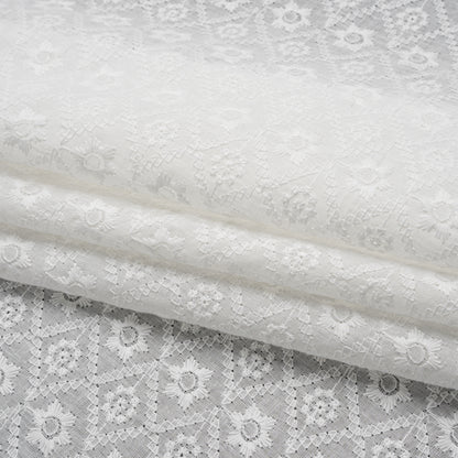 Embroidered Eyelet Cotton Voile - White Flowers in Diamond Lattice - Naomi Collection