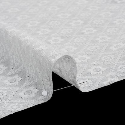 Embroidered Eyelet Cotton Voile - White Flowers in Diamond Lattice - Naomi Collection