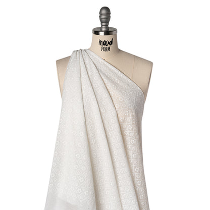 Embroidered Eyelet Cotton Voile - White Flowers in Diamond Lattice - Naomi Collection