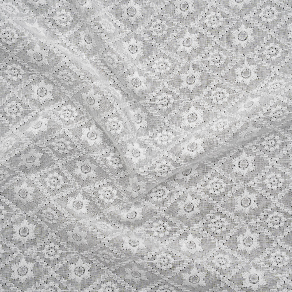 Embroidered Eyelet Cotton Voile - White Flowers in Diamond Lattice - Naomi Collection