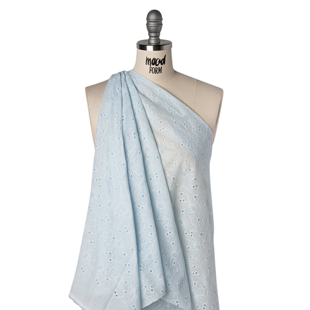 Embroidered Eyelet Cotton Voile - Pale Aqua All-Over Flowers - Naomi Collection