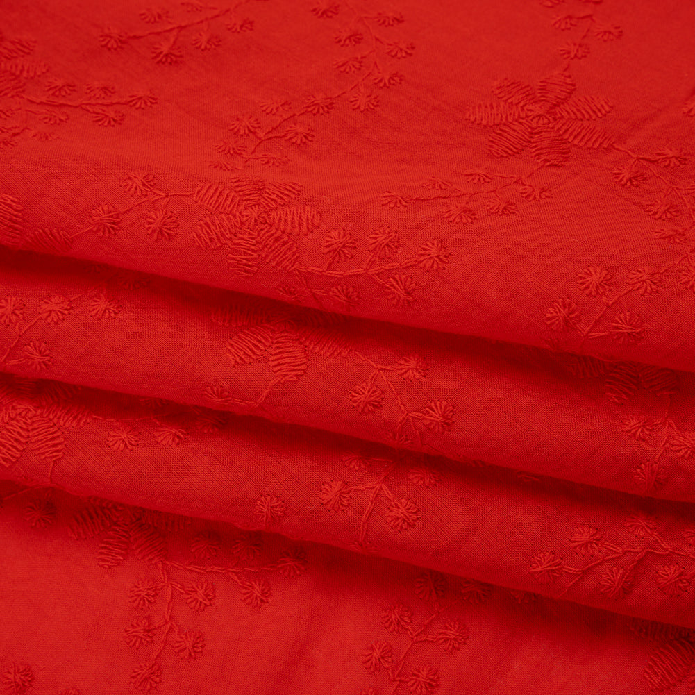 Embroidered Eyelet Cotton Voile - Red Flowers on Branches - Naomi Collection