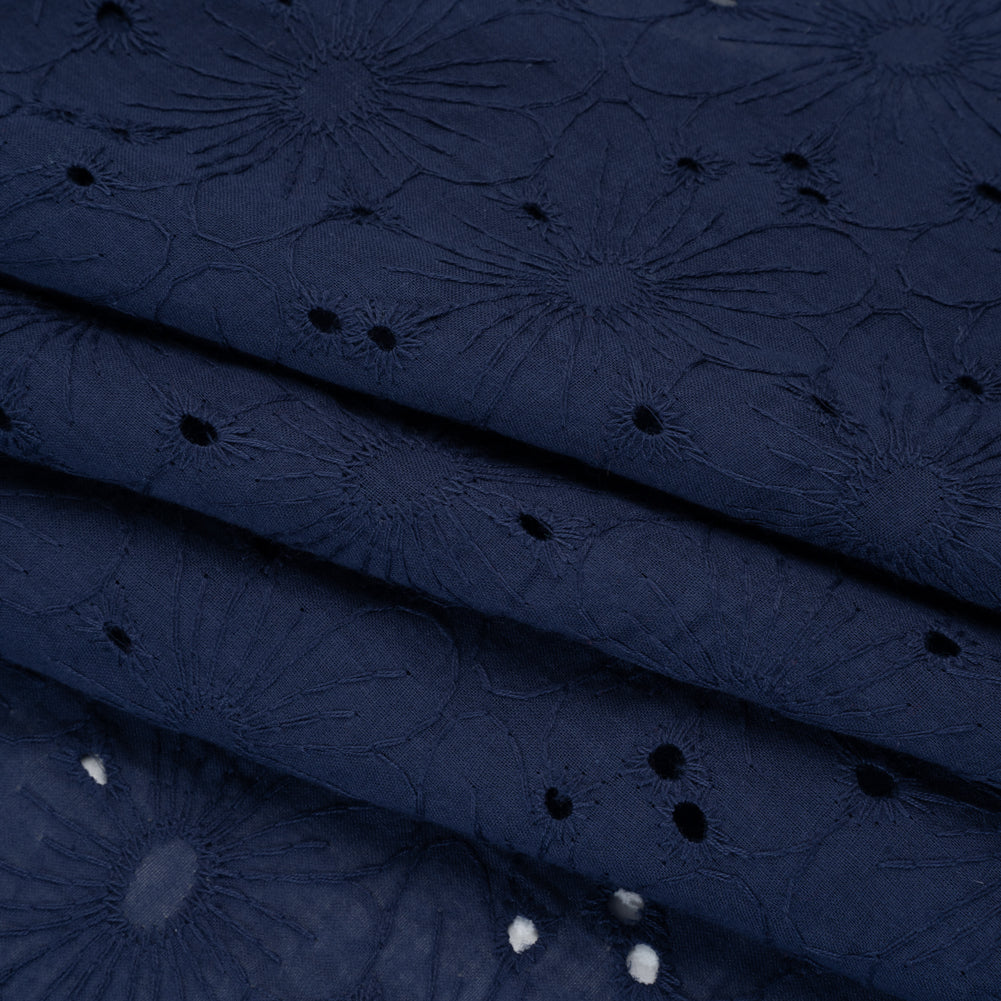 Embroidered Eyelet Cotton Voile - Medieval Blue All-Over Flowers - Naomi Collection
