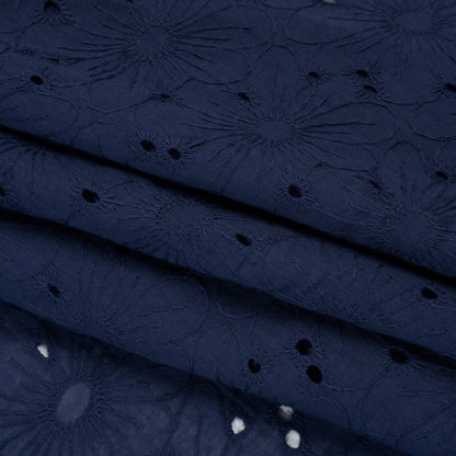 Embroidered Eyelet Cotton Voile - Medieval Blue All-Over Flowers - Naomi Collection