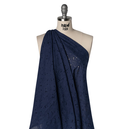 Embroidered Eyelet Cotton Voile - Medieval Blue All-Over Flowers - Naomi Collection