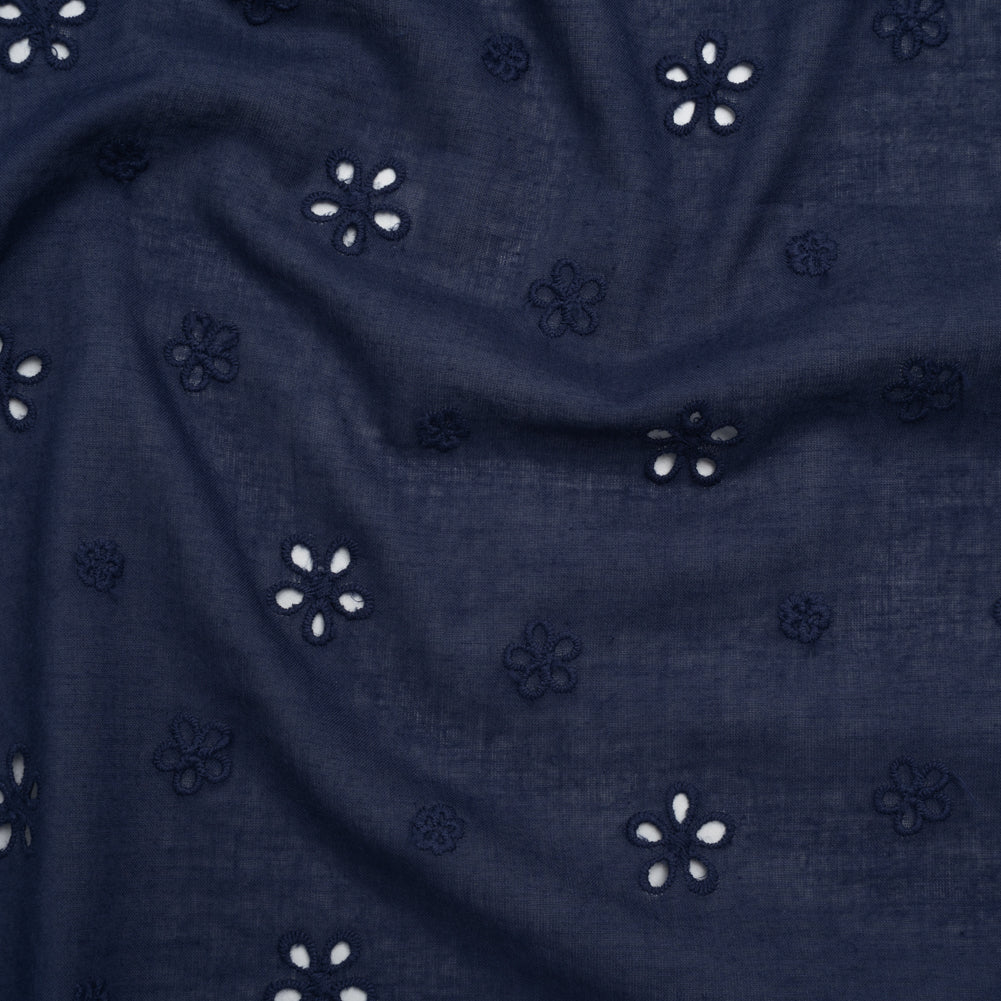 Embroidered Eyelet Cotton Voile - Medieval Blue Floating Flowers - Naomi Collection