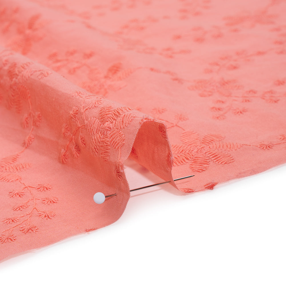 Embroidered Eyelet Cotton Voile - Warm Coral Flowers on Branches - Naomi Collection