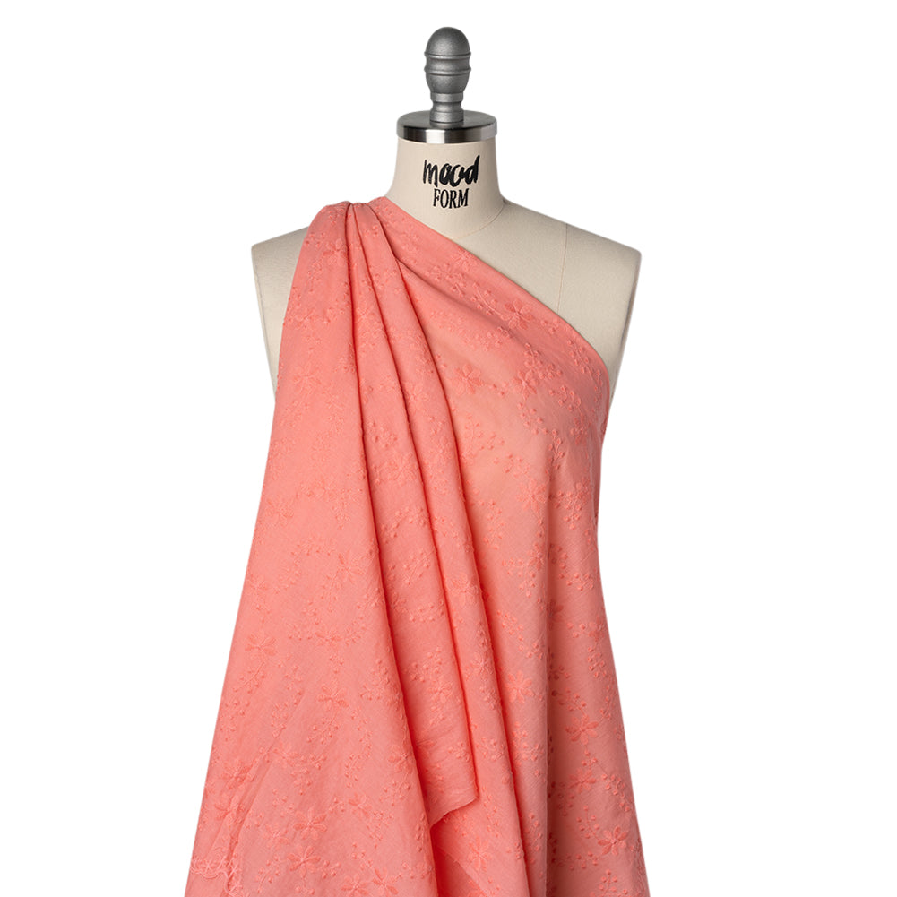Embroidered Eyelet Cotton Voile - Warm Coral Flowers on Branches - Naomi Collection