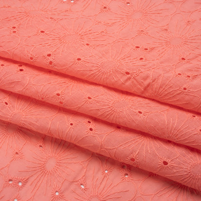 Embroidered Eyelet Cotton Voile - Warm Coral All-Over Flowers - Naomi Collection