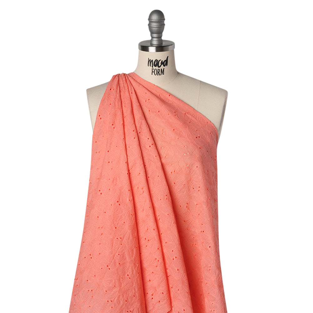 Embroidered Eyelet Cotton Voile - Warm Coral All-Over Flowers - Naomi Collection