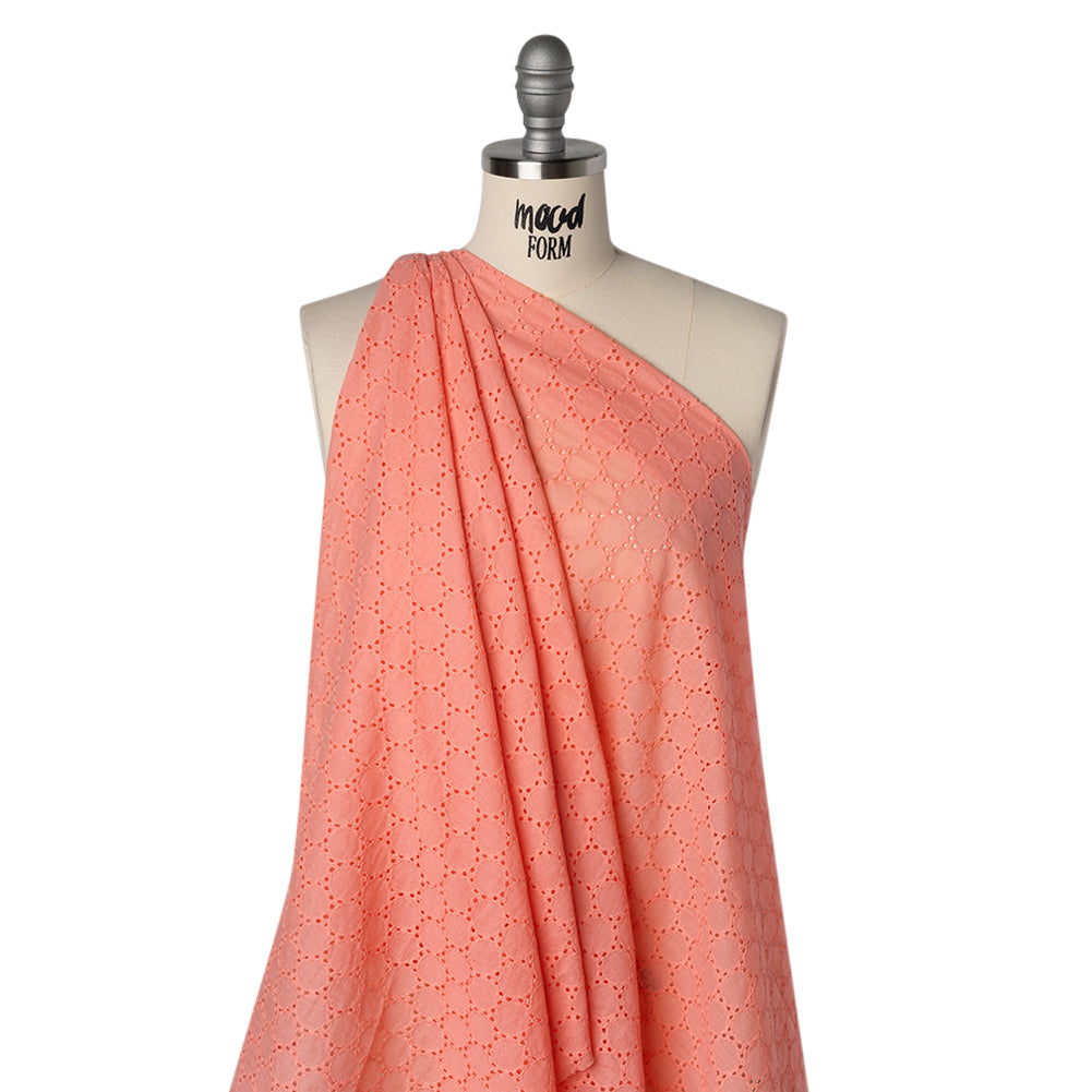 Embroidered Eyelet Cotton Voile - Warm Coral Circles of Circles - Naomi Collection