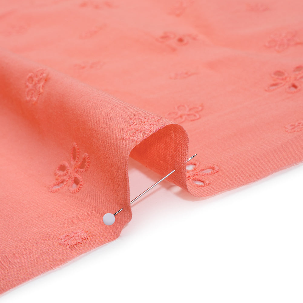 Embroidered Eyelet Cotton Voile - Warm Coral Floating Flowers - Naomi Collection