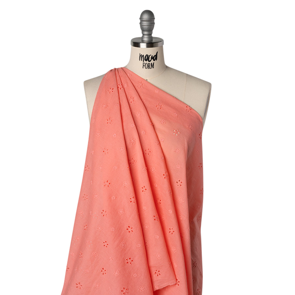 Embroidered Eyelet Cotton Voile - Warm Coral Floating Flowers - Naomi Collection