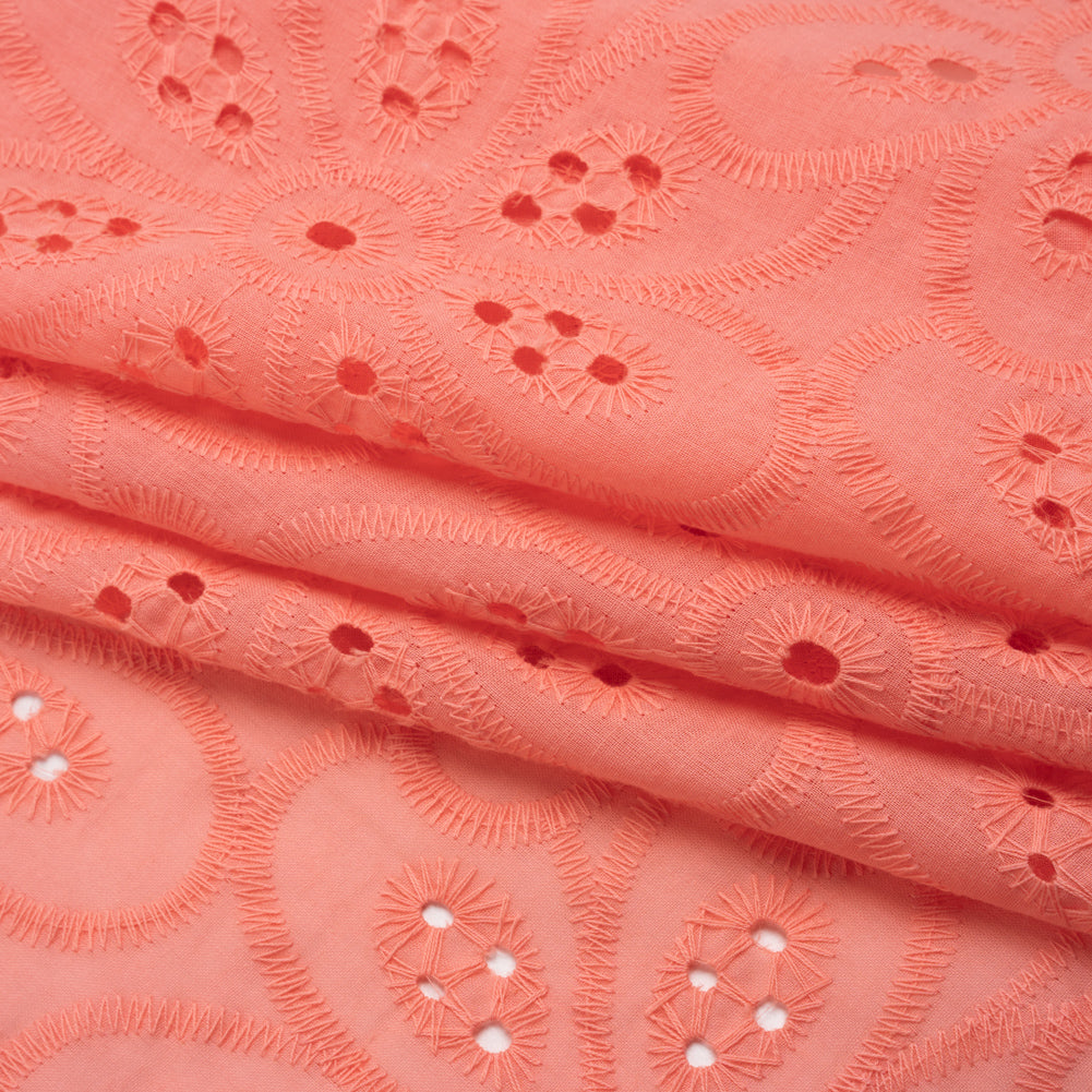 Embroidered Eyelet Cotton Voile - Warm Coral Big Flowers - Naomi Collection