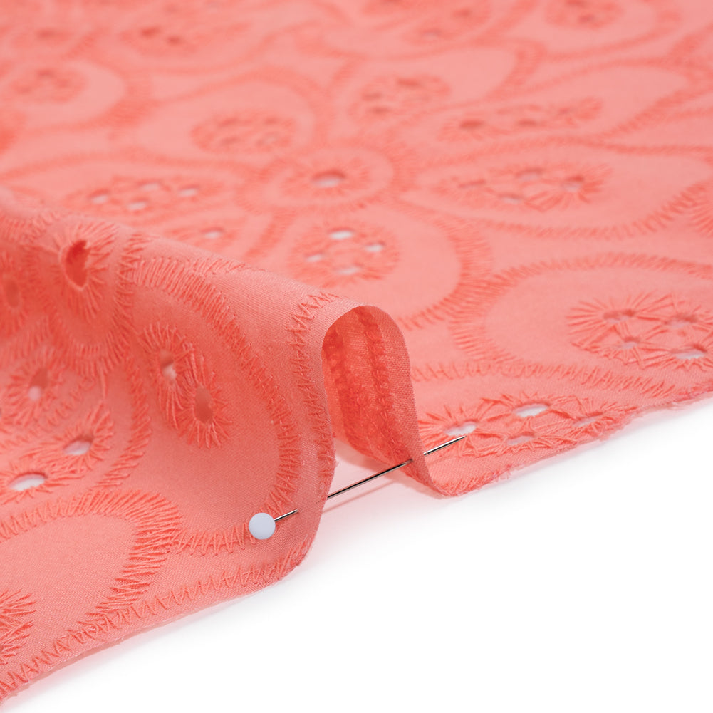 Embroidered Eyelet Cotton Voile - Warm Coral Big Flowers - Naomi Collection