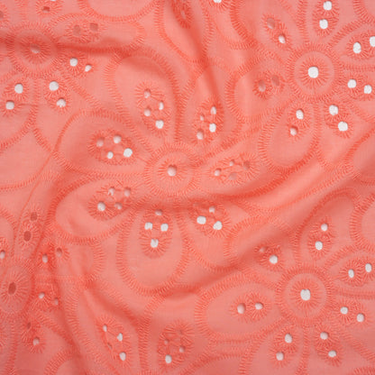 Embroidered Eyelet Cotton Voile - Warm Coral Big Flowers - Naomi Collection