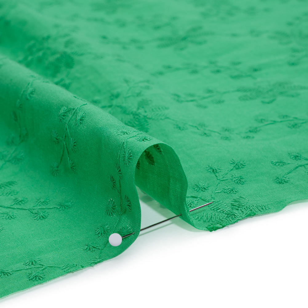 Embroidered Eyelet Cotton Voile - Ming Green Flowers on Branches - Naomi Collection
