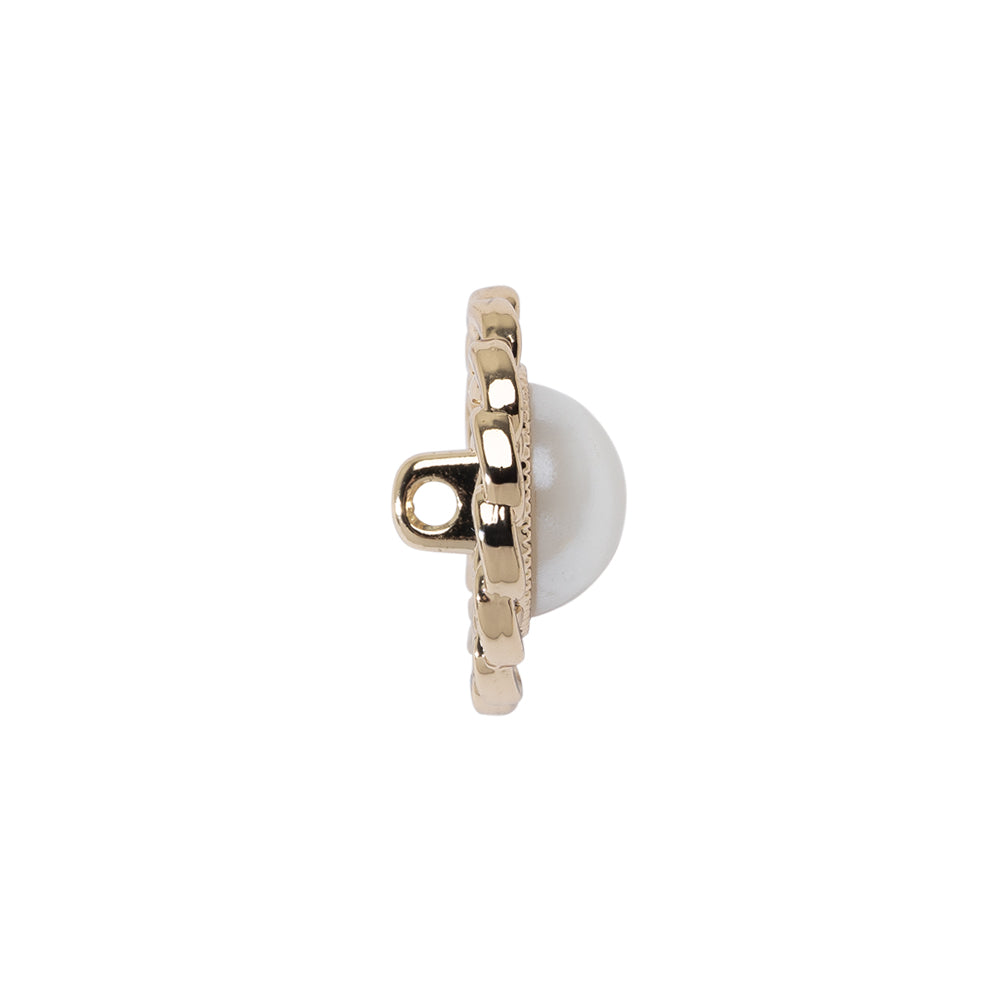 Chain Petal Floral Shank Back Button with Pearl Center - 28L/18mm - Gold and White